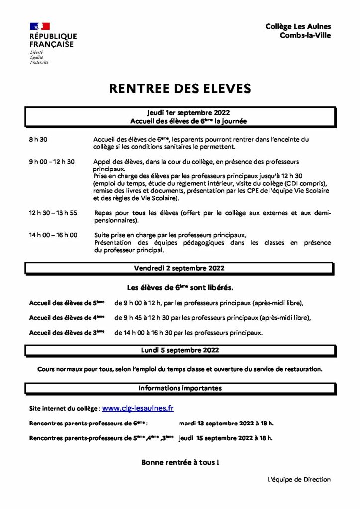 infos rentrée élèves 2022