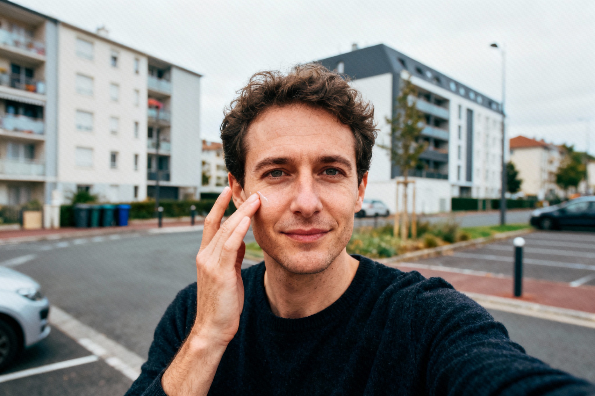 pexels-michal-pech-213601-757318 (1) Homme souriant appliquant une crème sur son visage, devant des immeubles résidentiels en milieu urbain. Ciel nuageux.