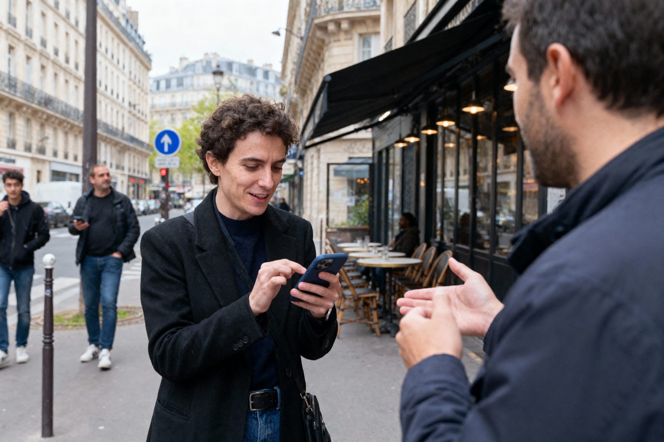 pexels-michal-pech-213601-757318 (1) Un homme souriant utilise son smartphone sur une rue parisienne, tandis qu’un autre homme semble lui parler en arrière-plan.
