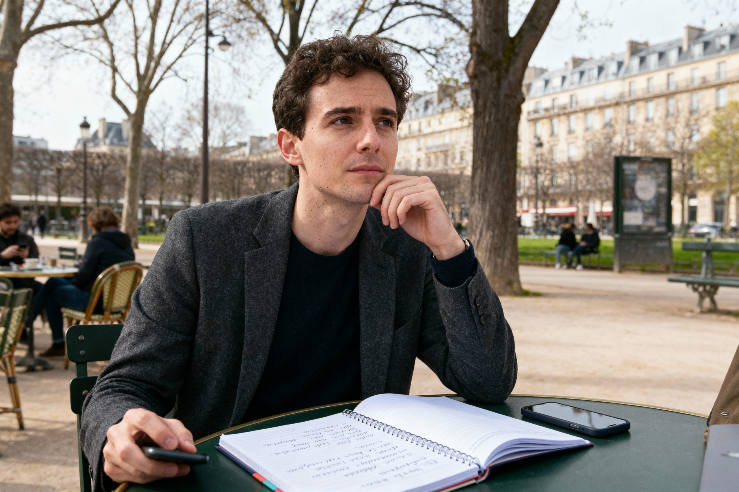 Un jeune homme pensif assis à une table en plein air, avec un carnet de notes et un téléphone. Arrière-plan urbain.
