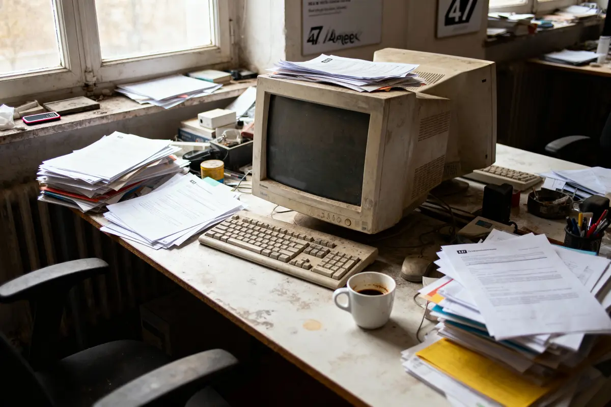 Ordinateur vintage sur bureau encombré avec papiers, clavier, tasse de café, et fenêtre en arrière-plan.
