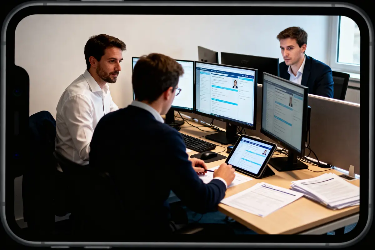 Trois hommes travaillent sur ordinateurs et tablettes dans un bureau avec plusieurs écrans et documents papier.