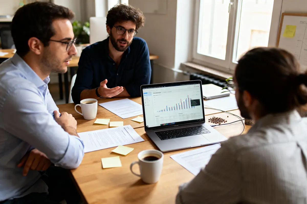 Trois personnes discutent autour d'un ordinateur portable avec graphiques, documents, café sur une table en bois.