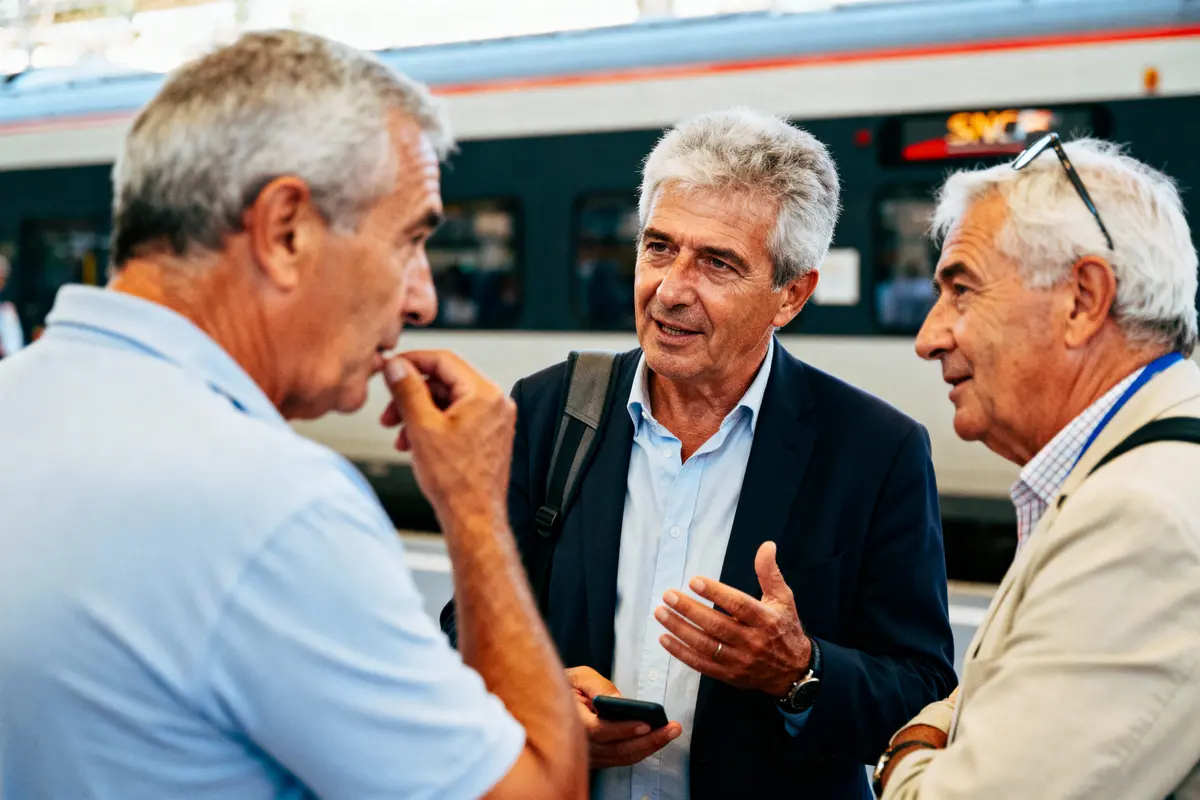Trois hommes discutent devant un train à quai, l'un tient un téléphone portable.