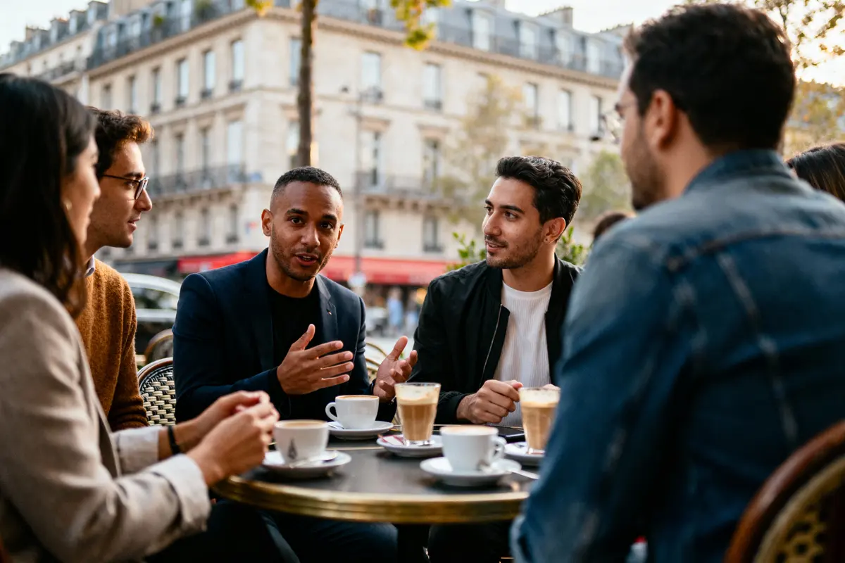 Un groupe de personnes discutant autour d'une table de café en plein air dans une rue parisienne.
