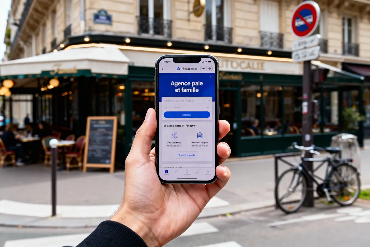 Main tenant un smartphone devant un café parisien, affichant une application "Agence paie et famille".