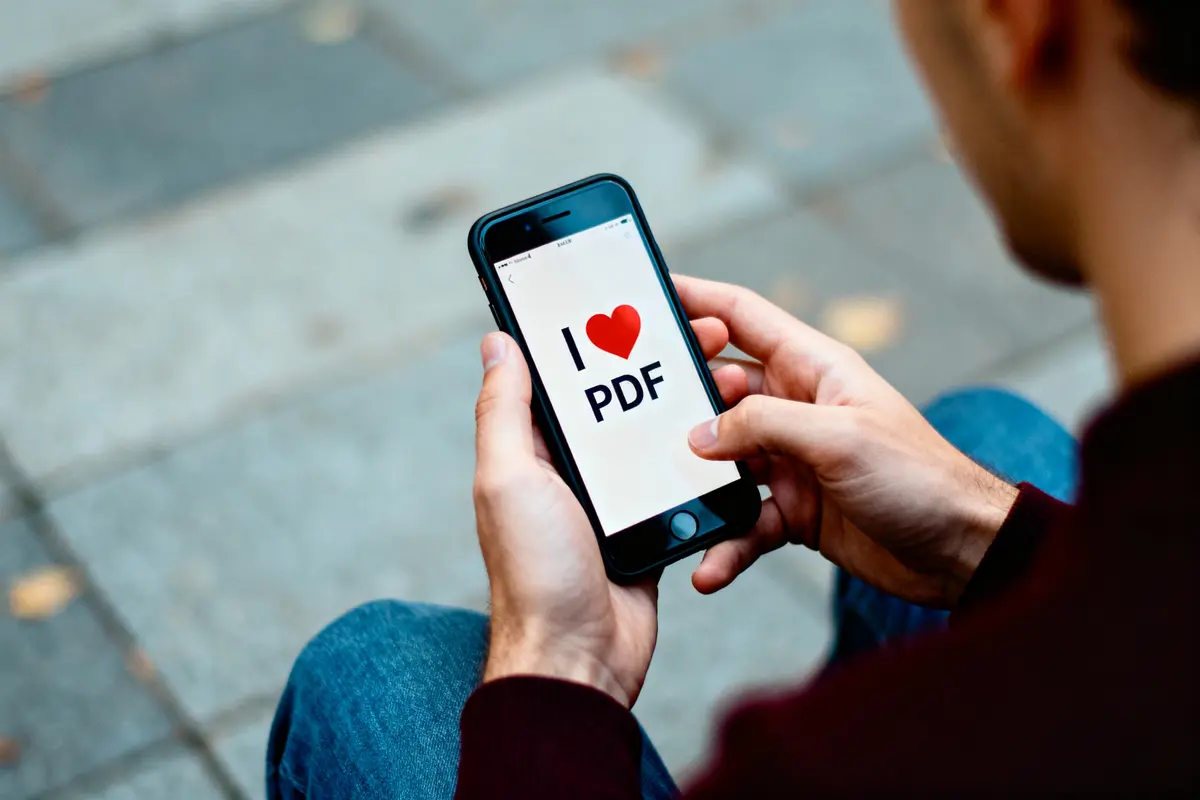 Personne tenant un smartphone affichant "I love PDF" avec un cœur rouge.