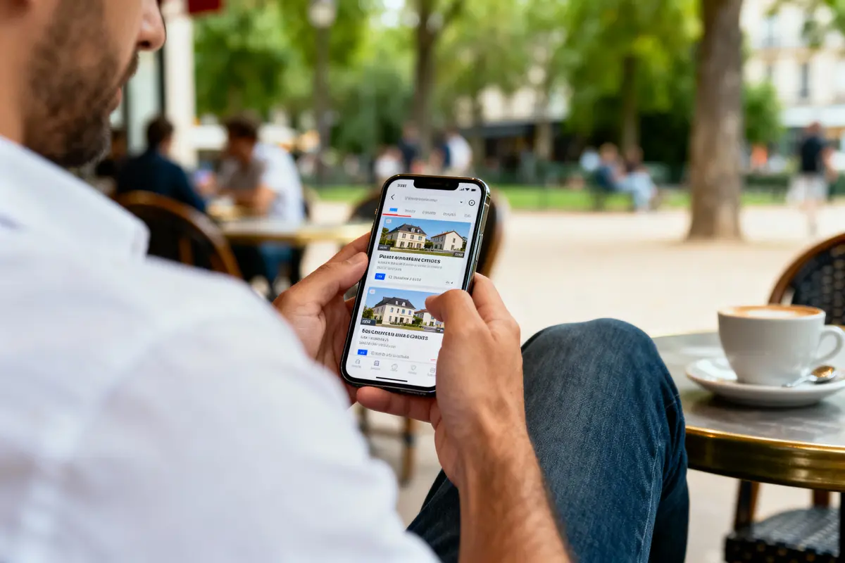 Homme consultant des annonces immobilières sur smartphone, assis à une terrasse de café en extérieur.