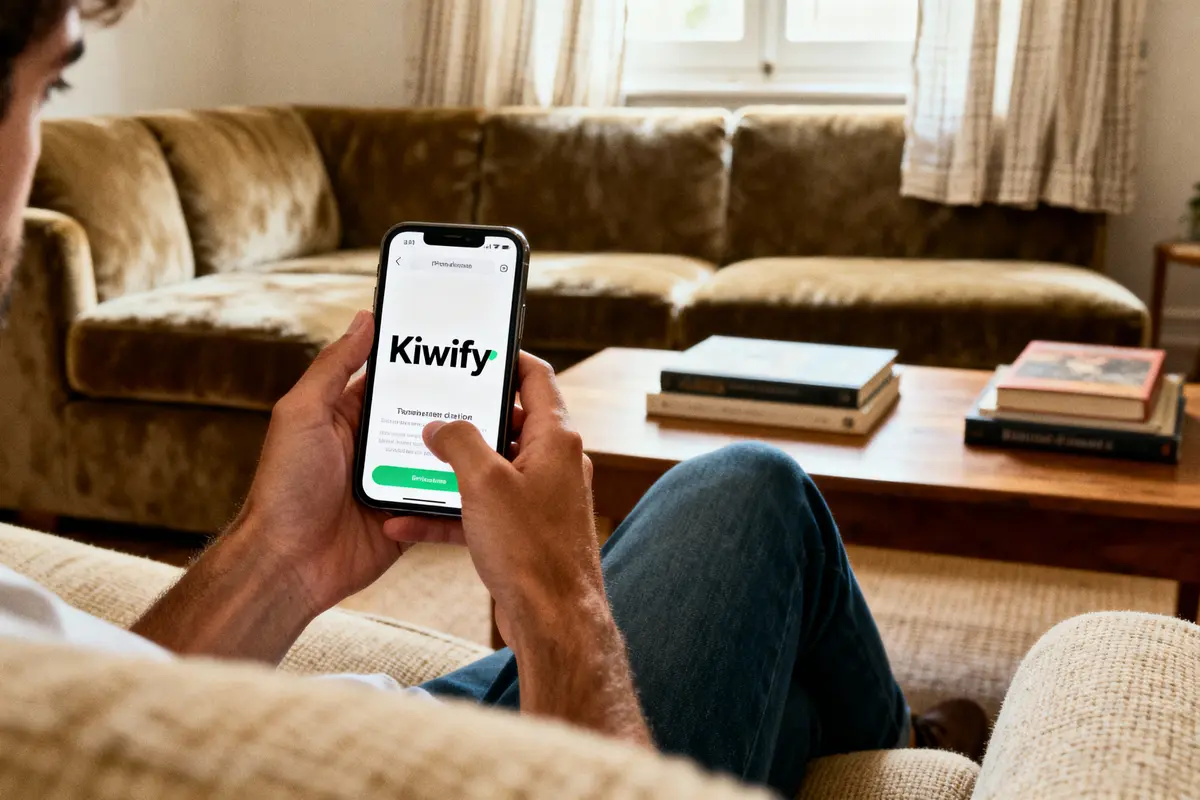 pexels-michal-pech-213601-757318 (1) Personne utilisant une application Kiwify sur smartphone, assis sur canapé, table basse avec livres en arrière-plan.