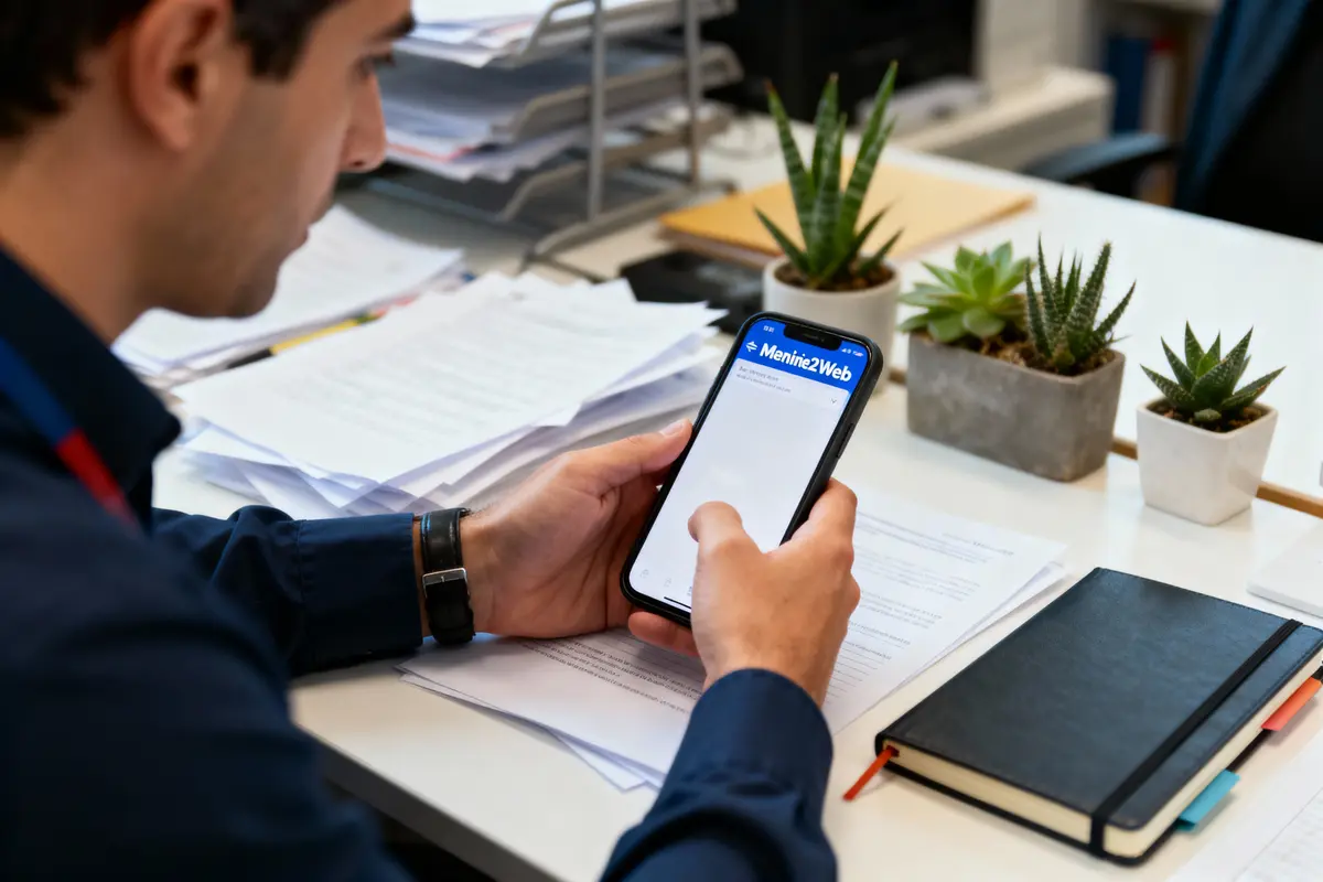 Homme utilisant smartphone à son bureau, plantes succulentes sur le côté, cahier noir et dossiers empilés.