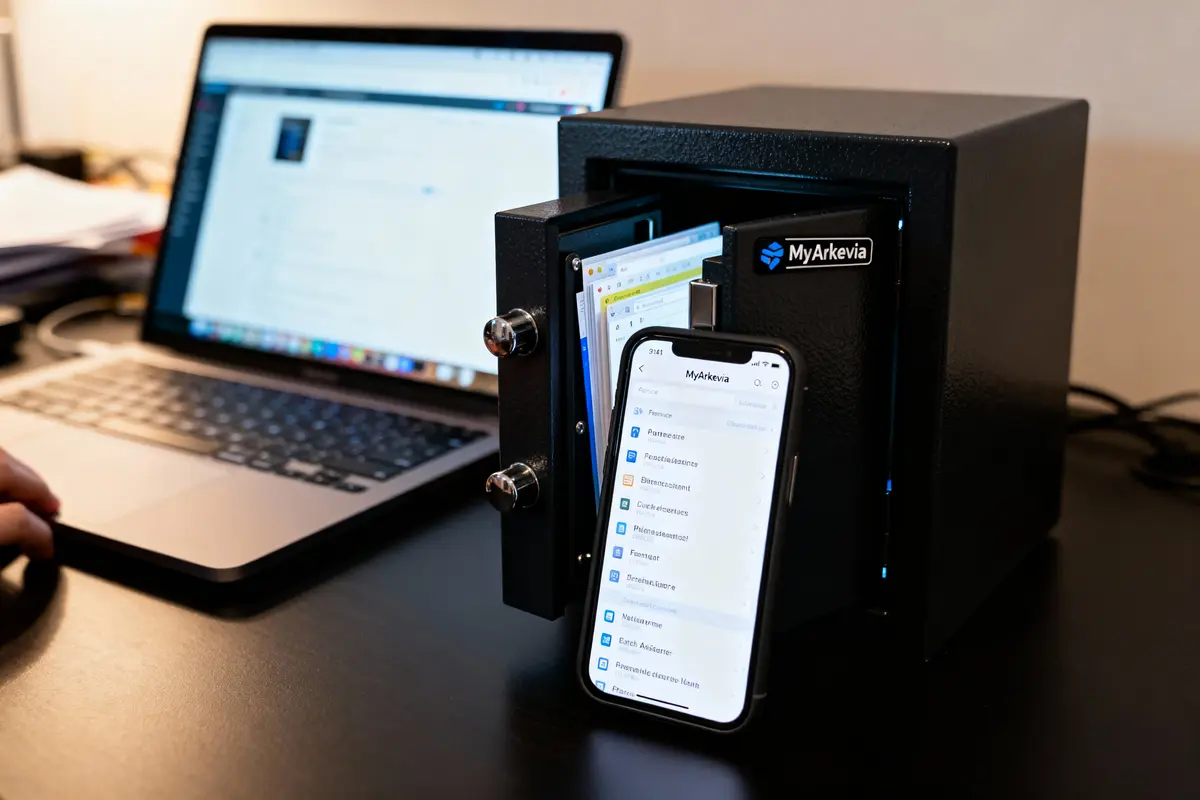 Coffre-fort ouvert avec documents, smartphone affichant MyArkevia, et ordinateur portable en arrière-plan sur bureau.