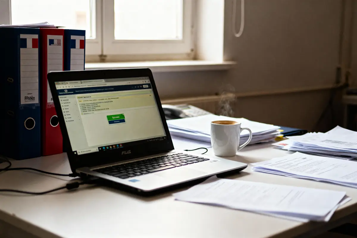 Bureau avec ordinateur portable, dossiers, documents et tasse de café fumante devant une fenêtre.