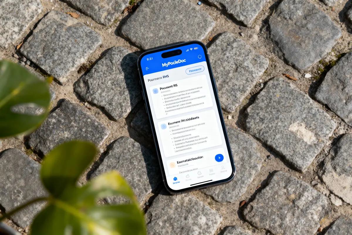 Smartphone affichant l'application MyPocleDoc posé sur des pavés, avec feuille verte au premier plan.