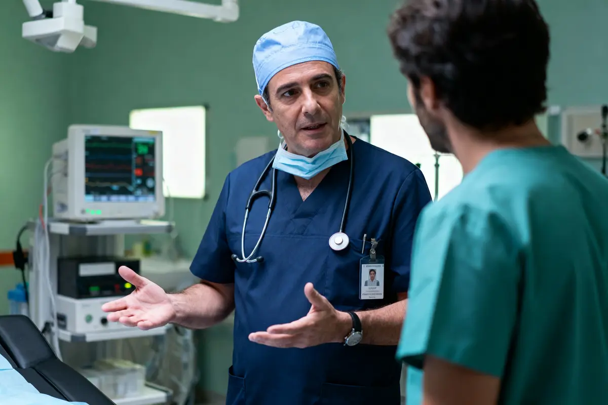 pexels-michal-pech-213601-757318 (1) Deux médecins en tenue chirurgicale discutent dans une salle d'opération, moniteur médical en arrière-plan.