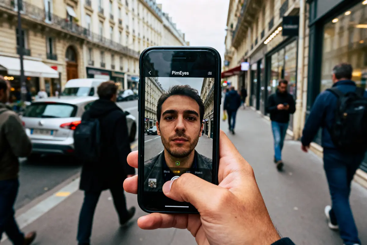 pexels-michal-pech-213601-757318 (1) Un téléphone affiche un visage sur une rue fréquentée par des piétons et des voitures.