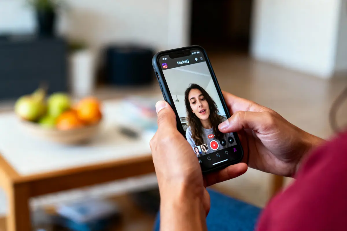 pexels-michal-pech-213601-757318 (1) Une personne tient un smartphone affichant une conversation vidéo à la maison, avec des fruits en arrière-plan.