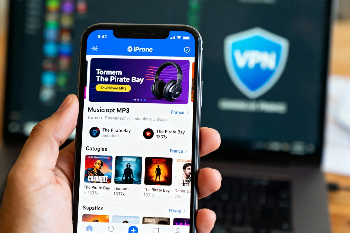 Personne tenant un smartphone affichant une application de téléchargement de musique, avec fond VPN sur ordinateur portable.