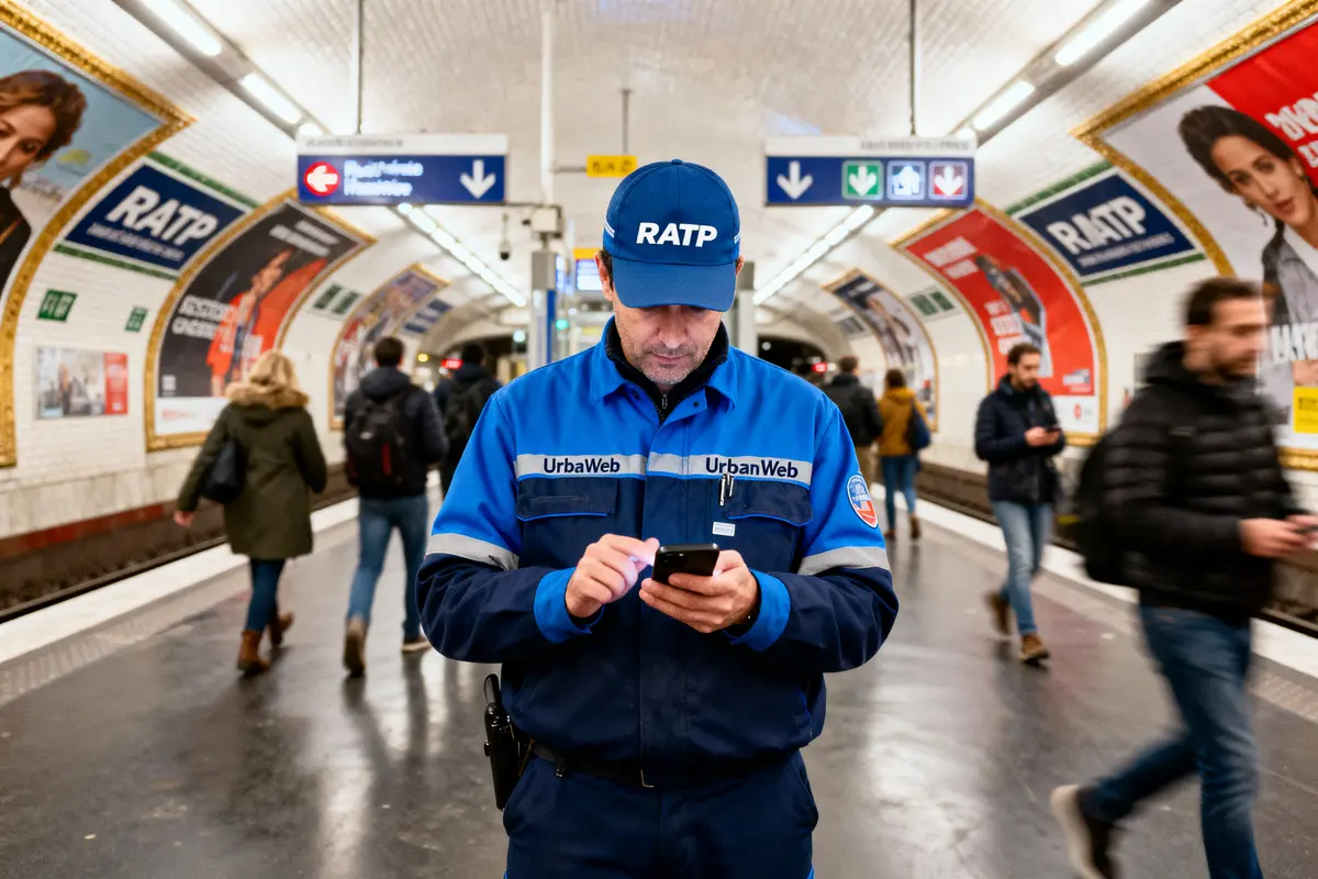 Garde RATP en uniforme bleu utilise un téléphone sur le quai d'une station de métro animée.