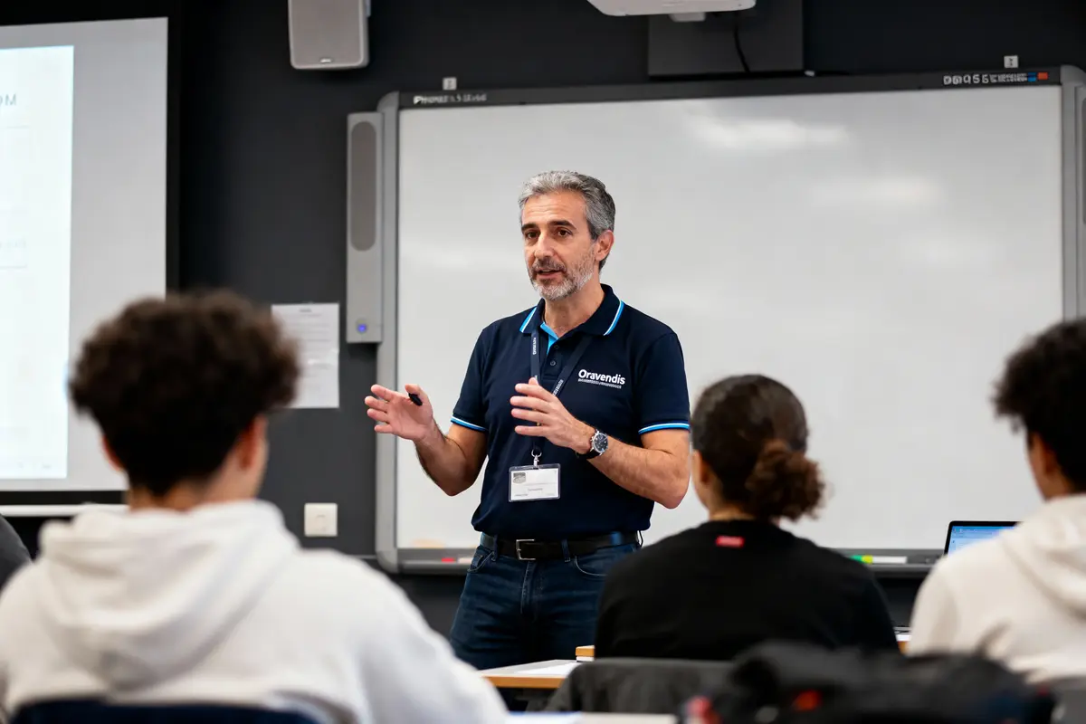 Un homme fait une présentation devant un tableau blanc à plusieurs personnes attentives.