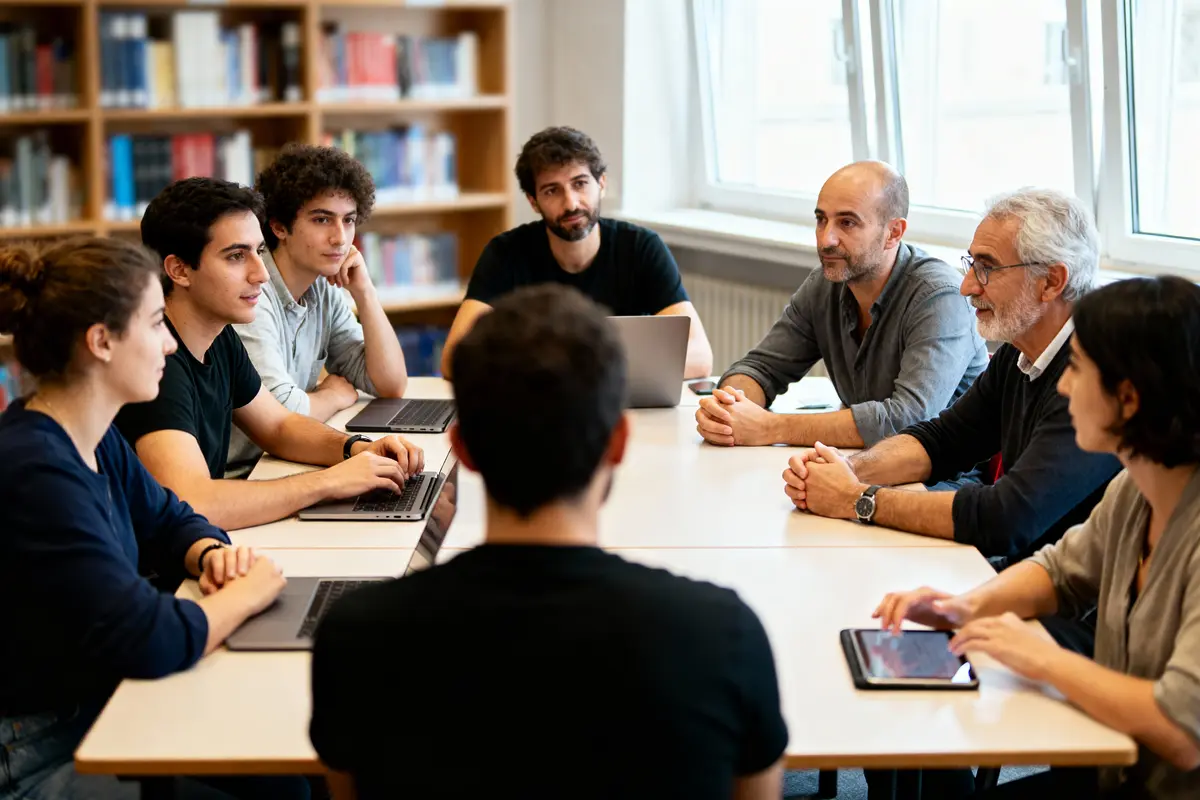 Groupe de personnes discutant autour d'une table avec ordinateurs portables et tablettes dans une bibliothèque lumineuse.
