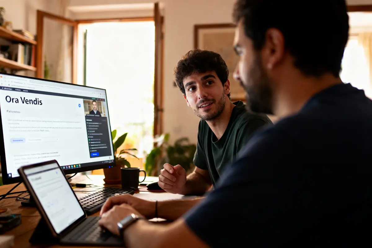 Deux hommes discutant devant un ordinateur avec écran affichant "Ora Vendis", ambiance professionnelle et studieuse.