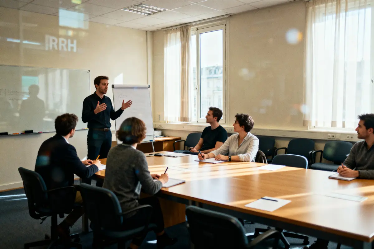 pexels-michal-pech-213601-757318 (1) Réunion de groupe dans une salle de conférence, un homme présente devant six personnes assises.