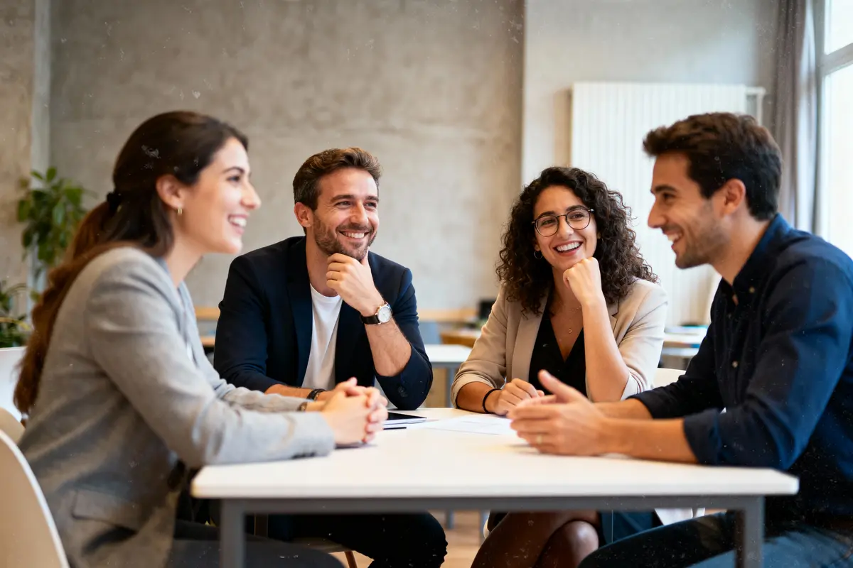 pexels-michal-pech-213601-757318 (1) Quatre personnes assises autour d'une table discutent et sourient dans un environnement de bureau moderne.