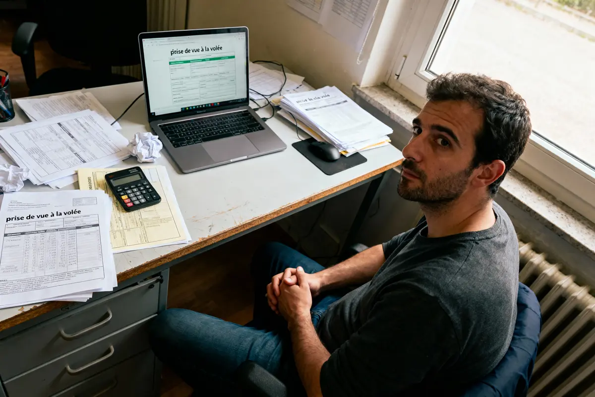 Homme assis au bureau avec ordinateur portable, documents et calculatrice. Regarde vers le haut. Bureau lumineux.