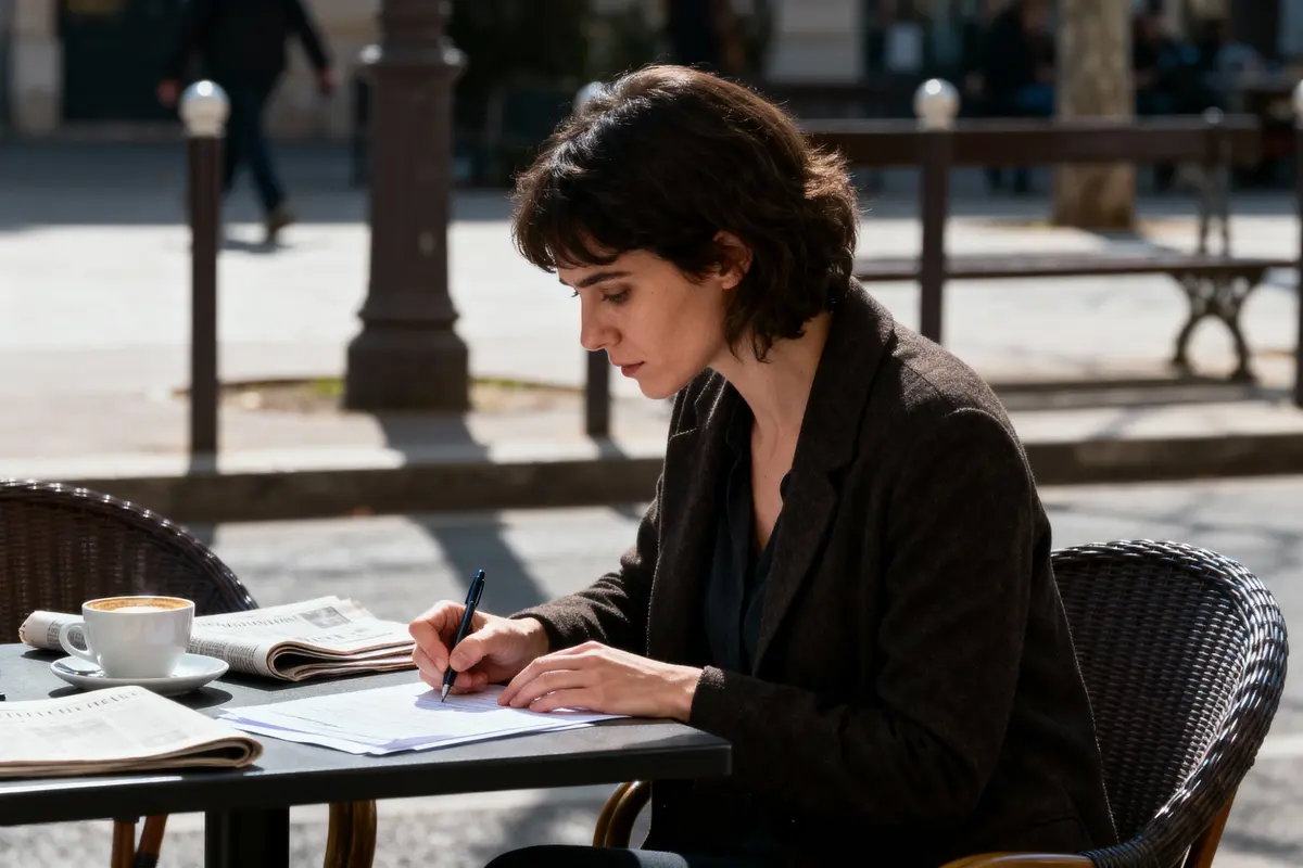 pexels-michal-pech-213601-757318 (1) Une femme écrit à une terrasse de café, avec journaux et café, en plein air.