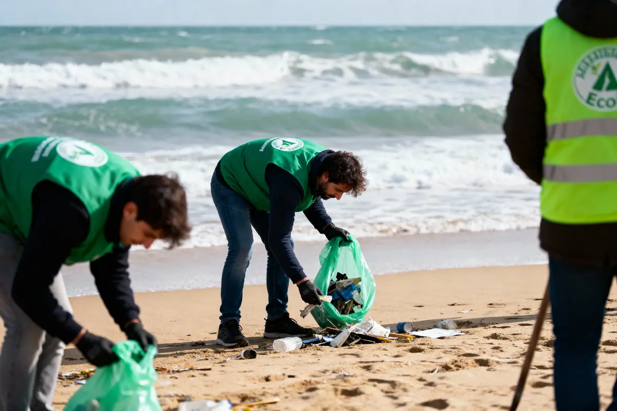 Personnes ramassant des déchets sur une plage, portant des gilets verts, océan en arrière-plan, journée ensoleillée.