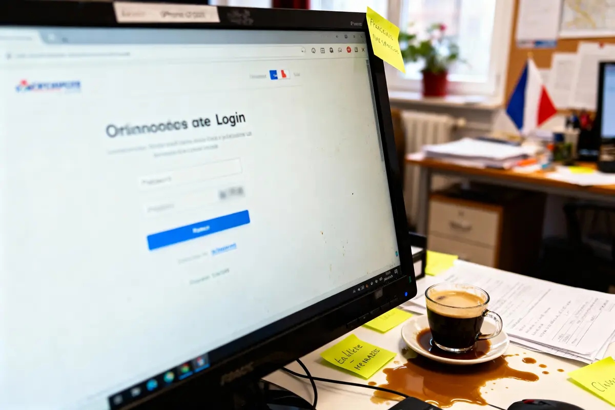 pexels-michal-pech-213601-757318 (1) Écran d'ordinateur avec login, tasse de café renversée, bureau avec drapeau français en arrière-plan.