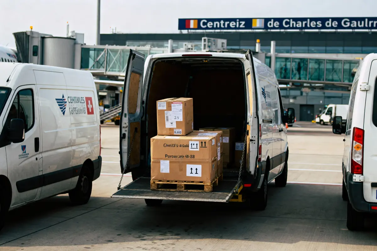 Camionnette chargée de cartons sur une palette à l'aéroport de Charles de Gaulle.