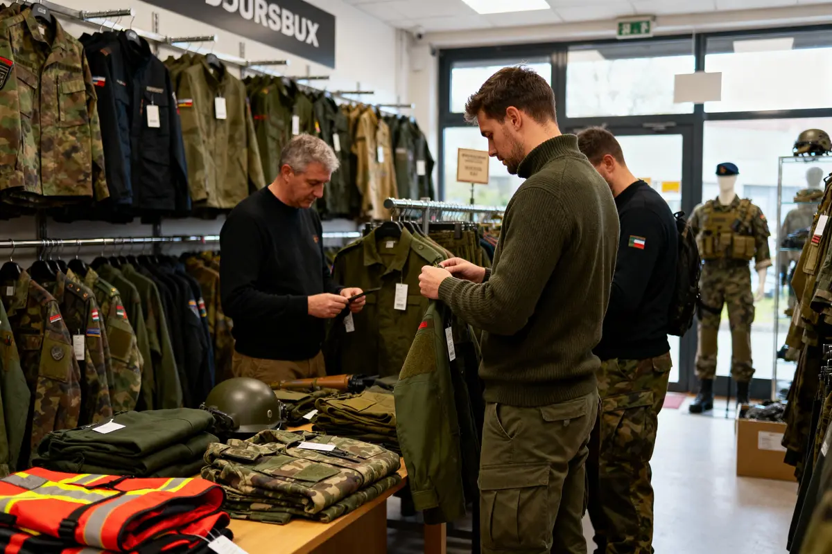 pexels-michal-pech-213601-757318 (1) Hommes examinant des uniformes militaires dans un magasin, entourés de vêtements et équipements militaires exposés.