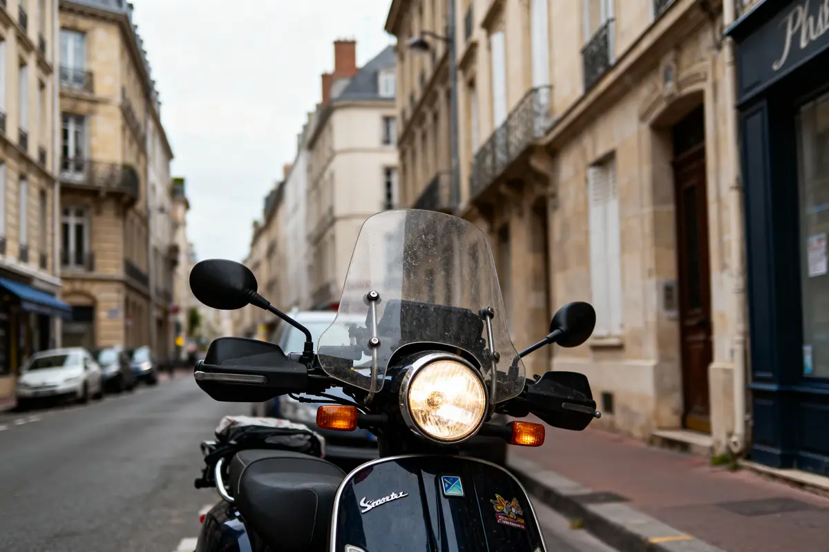 Scooter noir stationné dans une rue urbaine bordée de bâtiments classiques et voitures.
