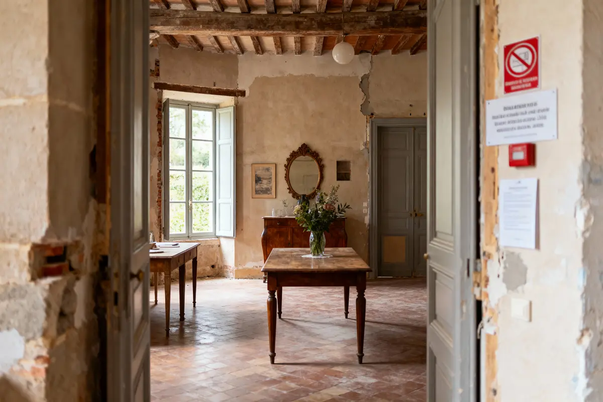 Salle intérieure rustique avec table centrale, miroir mural, fenêtres lumineuses, murs patinés, sol carrelé, portes anciennes.