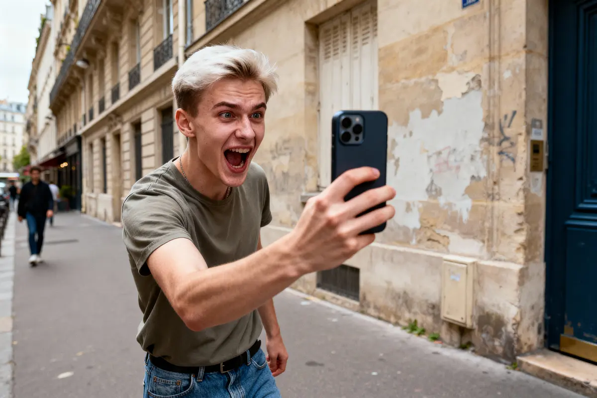 pexels-michal-pech-213601-757318 (1) Un homme blond souriant tient un smartphone, debout dans une rue parisienne. Scène dynamique et joyeuse.