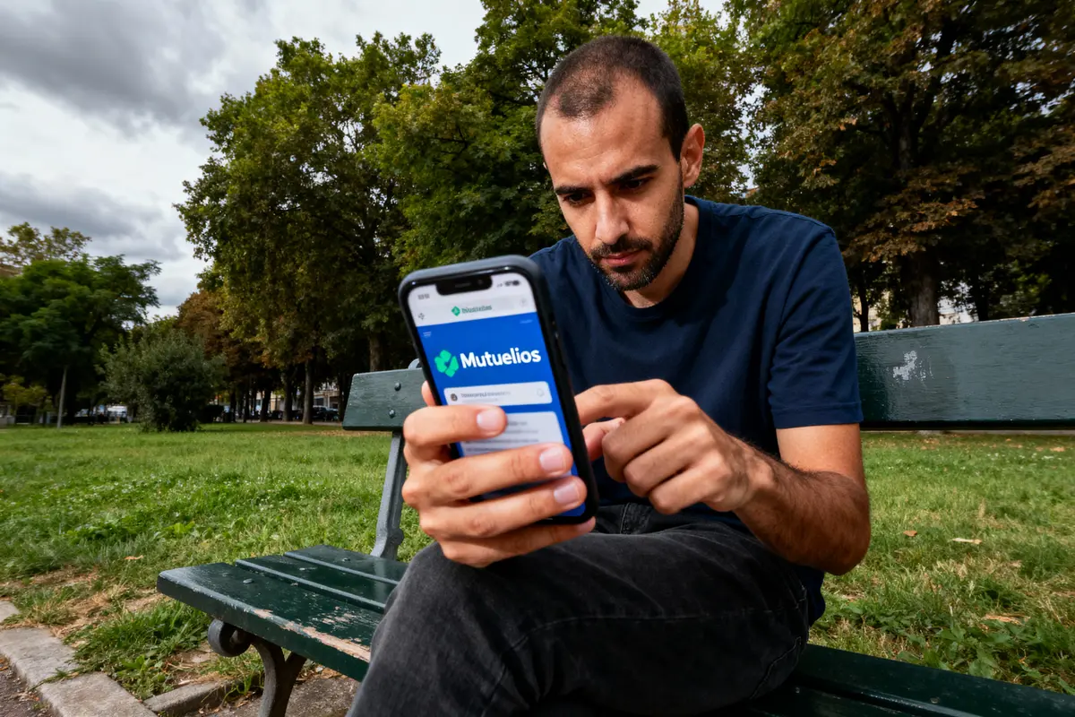 pexels-michal-pech-213601-757318 (1) Un homme consulte son smartphone avec l'application "Mutuelios", assis sur un banc dans un parc.