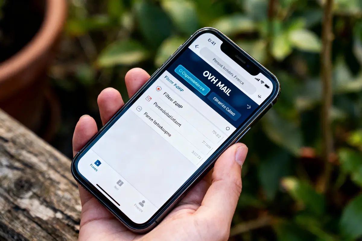 Personne tenant un smartphone avec l'application de messagerie OVH Mail affichée sur l'écran, arrière-plan naturel flou.