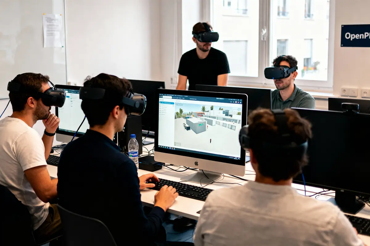 pexels-michal-pech-213601-757318 (1) Des personnes utilisant des casques VR devant des ordinateurs, explorant un environnement virtuel, dans une salle lumineuse.