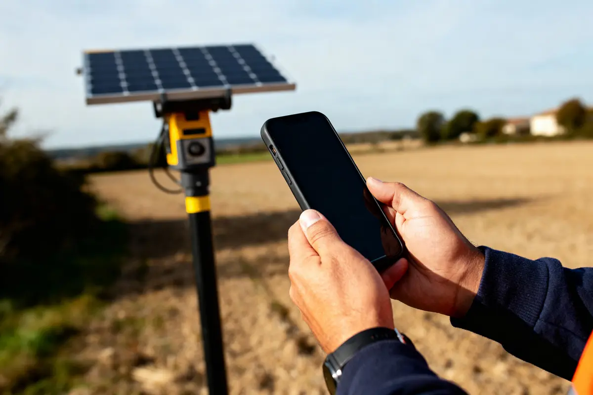 pexels-michal-pech-213601-757318 (1) Personne tenant un smartphone devant panneau solaire en plein champ, ciel clair.