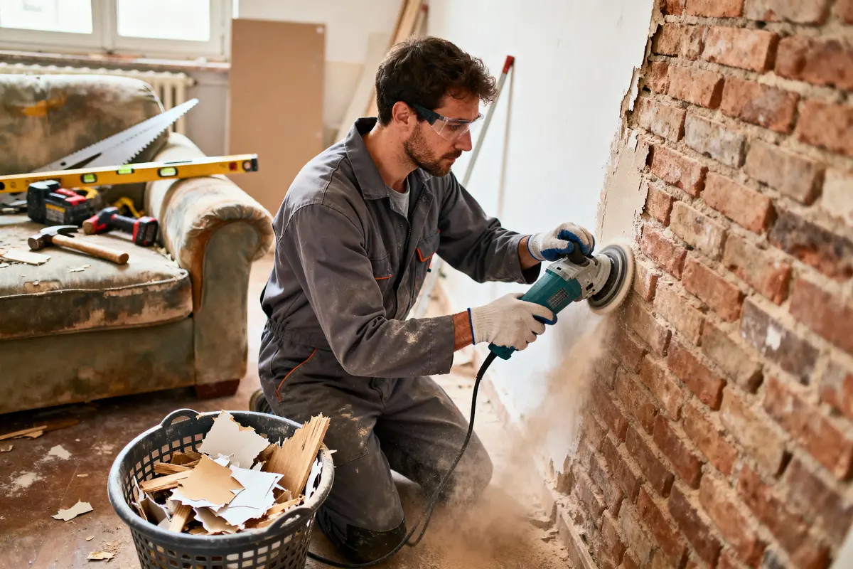 Homme ponçant un mur en briques dans un salon en rénovation, outils et débris à proximité.