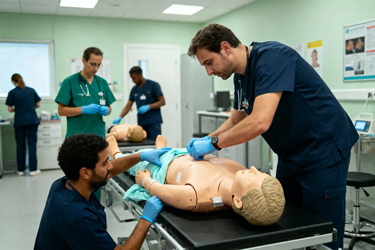 pexels-michal-pech-213601-757318 (1) Simulation médicale dans une salle de classe, mannequins et étudiants en soins infirmiers pratiquent les techniques médicales.