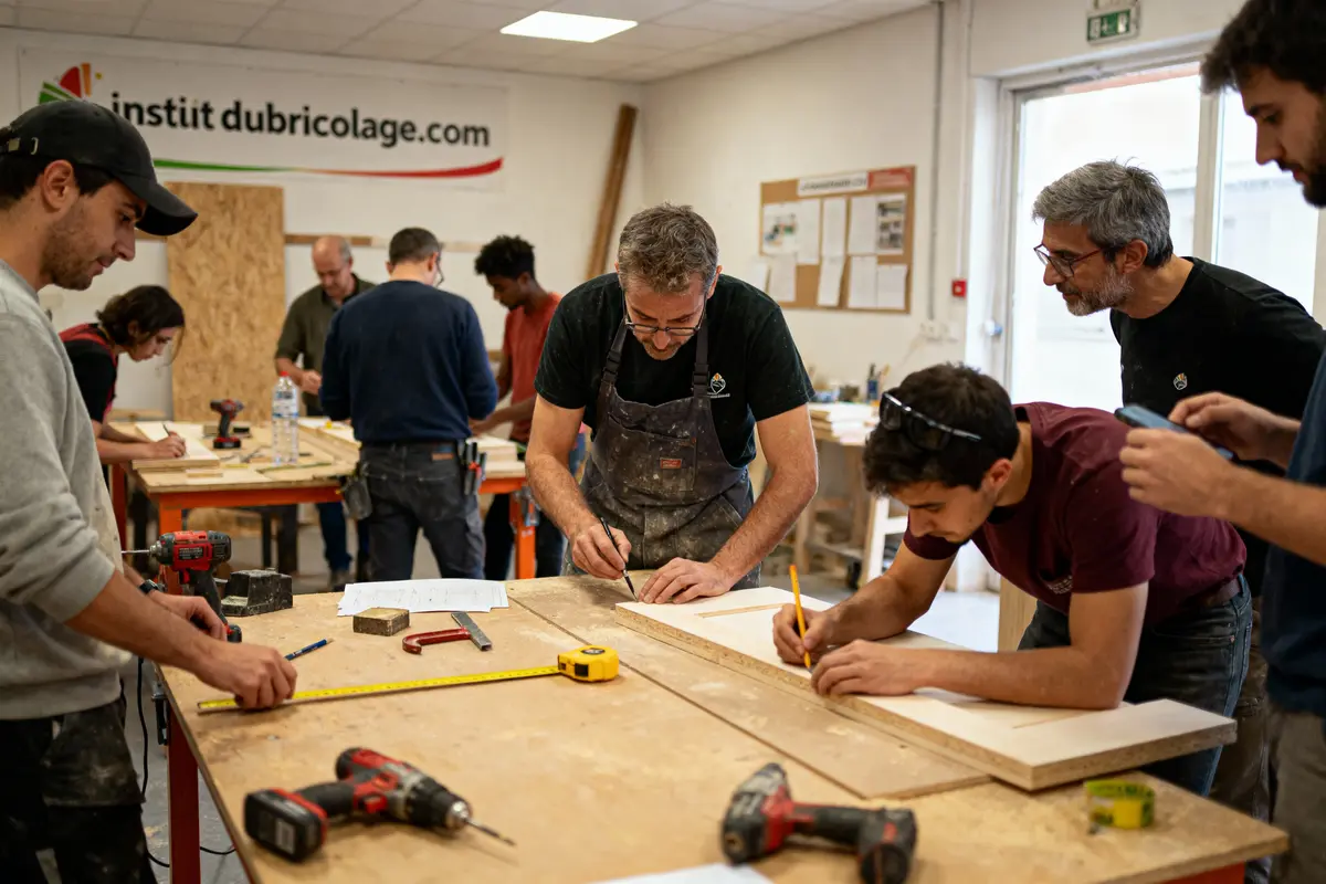 Personnes travaillant sur des projets de menuiserie dans un atelier de bricolage, utilisant outils et mesures.