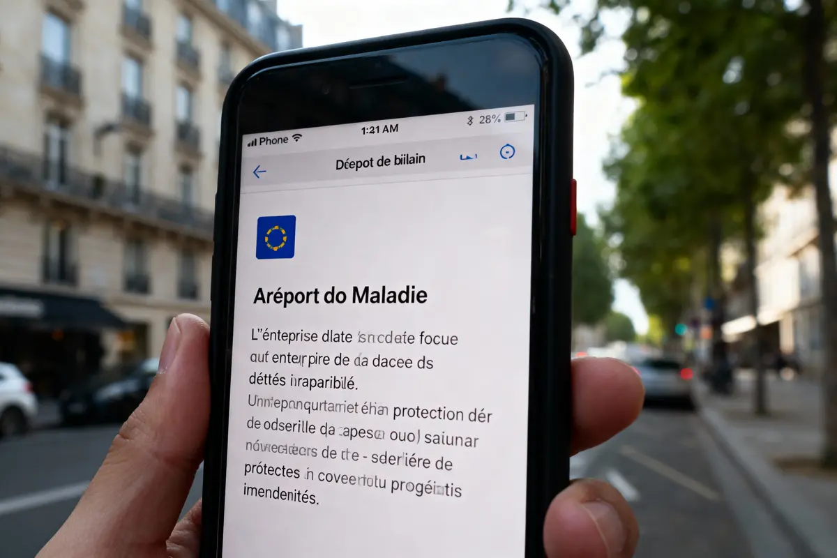 Main tenant un smartphone affichant un texte, arrière-plan flou d'une rue parisienne avec immeubles et voitures.