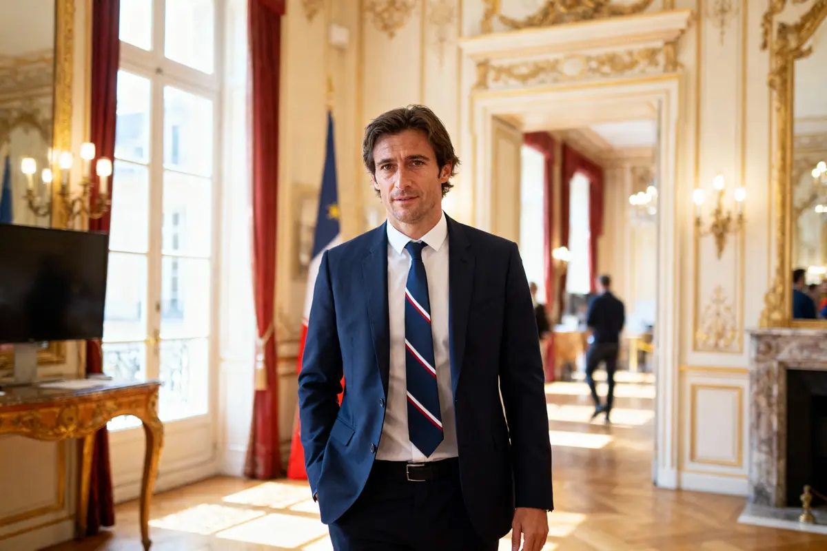 Homme en costume, cravate rayée, dans une pièce élégante avec décor doré, drapeaux et fenêtres lumineuses.