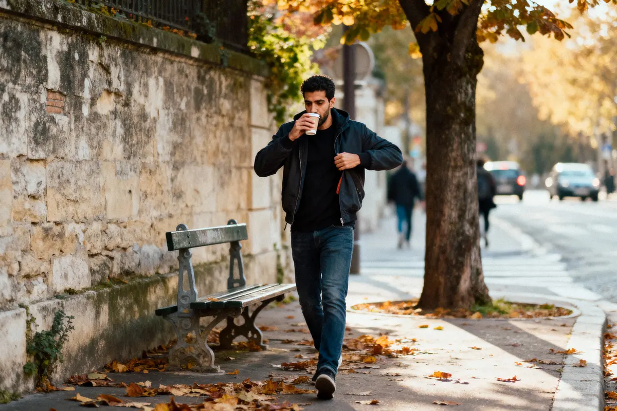 pexels-michal-pech-213601-757318 (1) Homme buvant café en marchant. Automne, feuilles au sol, banc, mur de pierre. Rue avec voitures.