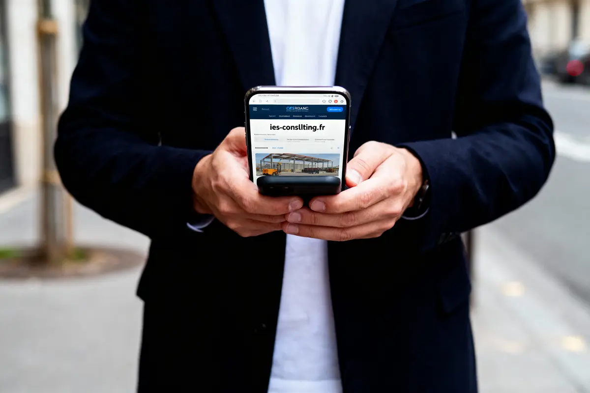 Personne tenant un téléphone montrant le site "ies-consulting.fr" dans la rue.