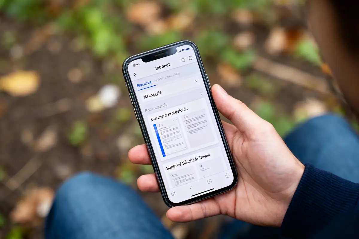 Personne tenant un smartphone affichant une application intranet avec documents professionnels, arrière-plan flou extérieur.