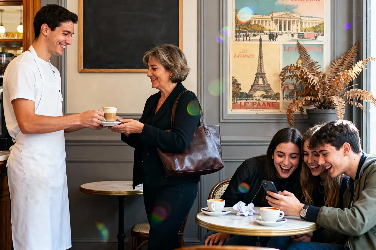 Serveur souriant offrant café à femme, trois amis rient autour d'une table dans un café parisien.