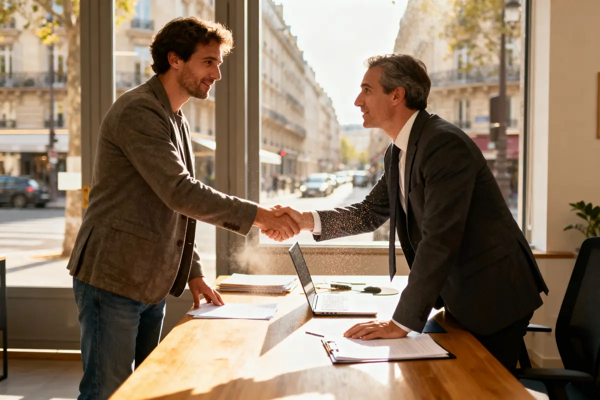 Deux hommes en costume se serrant la main dans un bureau lumineux avec fenêtre vue sur la rue.